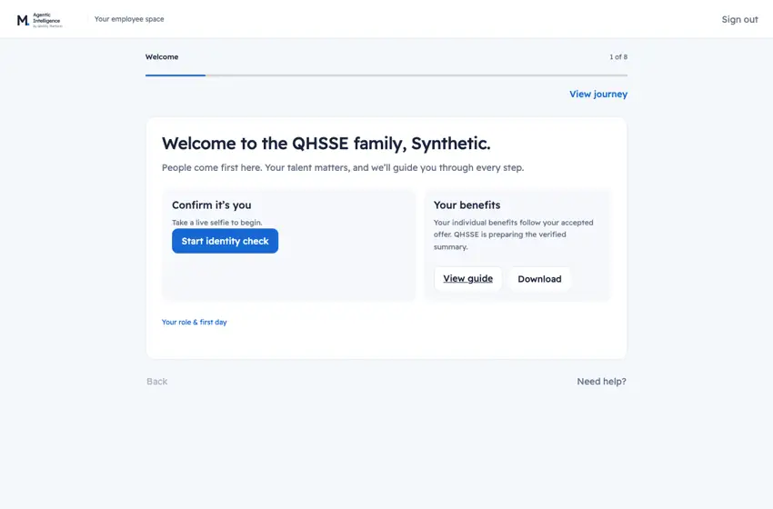 Guided employee welcome and identity entry.