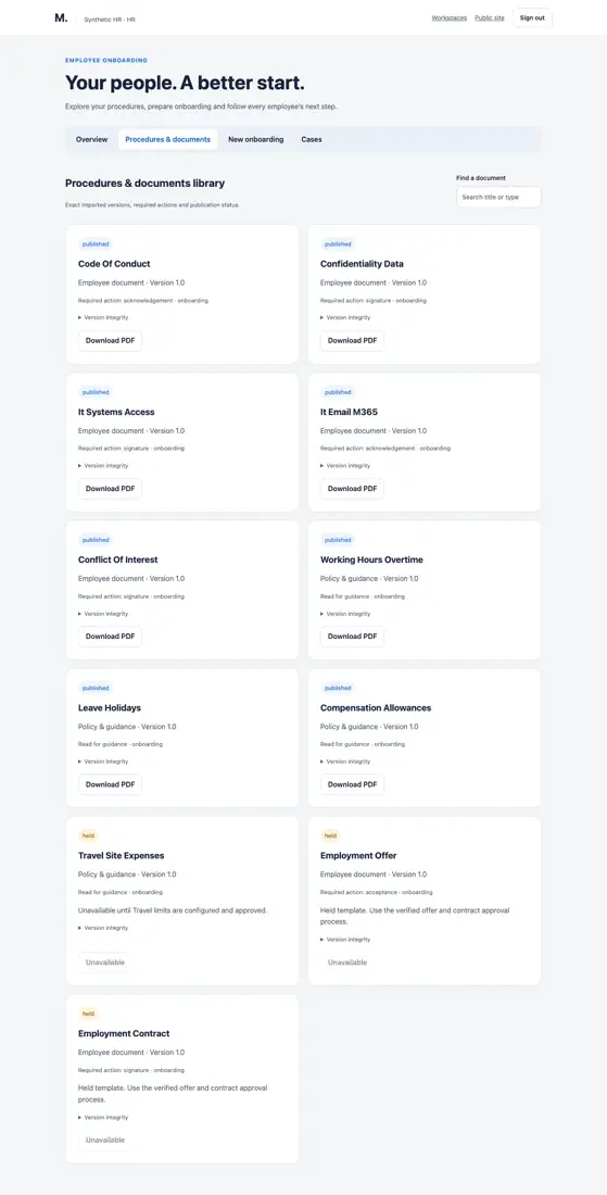Versioned onboarding procedures and documents.